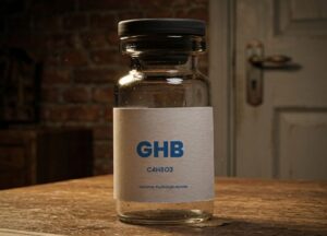 Infografik zur Aufklärung der Frage: What ist GHB? Darstellung von chemischer Strukturformel und flüssiger Form im Glas.