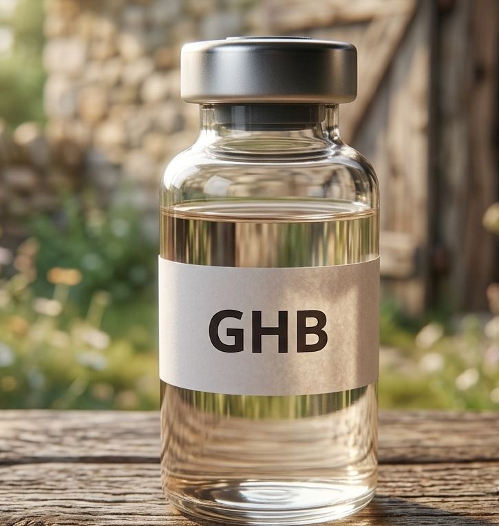 Infografik zur Aufklärung der Frage: What ist GHB? Darstellung von chemischer Strukturformel und flüssiger Form im Glas.